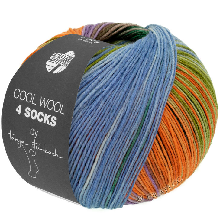 Lana Grossa COOL WOOL 4 SOCKS PRINT II | 7791-svartgrön/beige/lila/orange/gulgrön/violblå